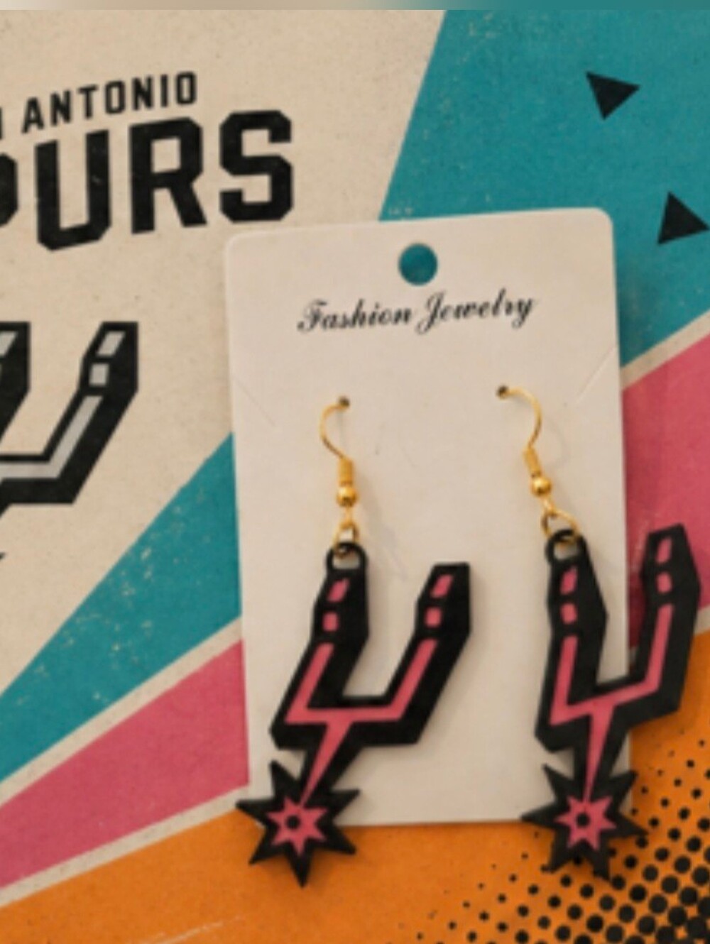 Spurs Pink and Black Spurs Logo Dangle Earrings
